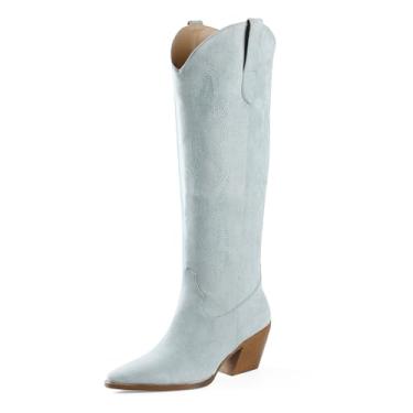 Imagem de iiimmu Botas femininas Cowgirl, cano alto, bico fino, salto bloco, camurça caubói e couro sintético com bordado, Azul claro, 40