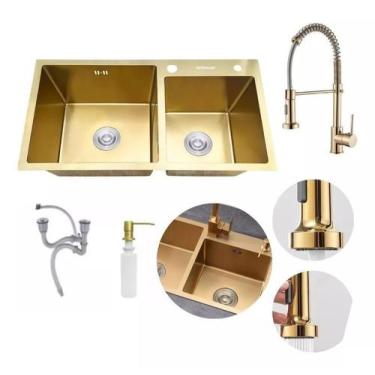 Imagem de Kit Cuba Pia Dupla Cozinha Aço Inox E Torneira Flexivel - Brinovar