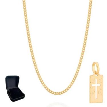 Imagem de Corrente Masculina + Pingente Retangular Cruz Banhada Ouro 18k Rommane
