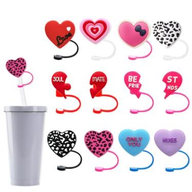 Imagem de Tampas de canudo 12 peças, topos de palha de silicone para copos com alça, protetor de plugues à prova de poeira, tampas de canudo reutilizáveis portáteis para copos acessórios (tampa de palha do amor)