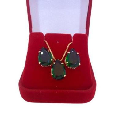 Imagem de Conjunto colar+brinco gota verde escuro folheado a ouro - GABBY LUXO J