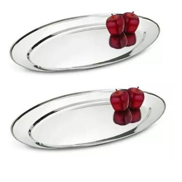 Imagem de Kit 2 Travessa Bandeja Assadeira Rasa Oval De Aço Inox 30cm Ideal Para