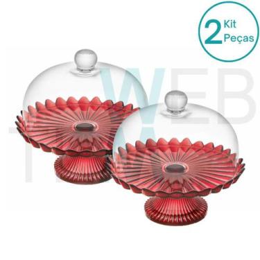 Imagem de Kit 2 Boleiras de Vidro com Pé e Tampa Pétalas de Jasmin 24cm Vermelha