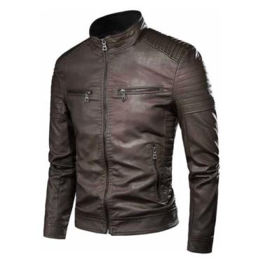 Imagem de Jaqueta de couro masculina impermeável slim - Vmong, Marrom, M