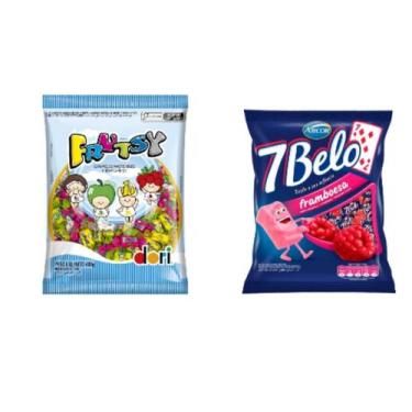 Imagem de Kit bala recheada frutsy sortidas 600g dori + bala 7 belo 500g