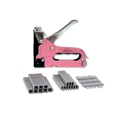 Imagem de APOLLO TOOLS Grampeador de metal resistente rosa com botão de ajuste de energia. 7,6 cm 1 usos para grampos de serviço pesado, grampos em U e pregos Brad. Vem com 3000 grampos – DT5020P