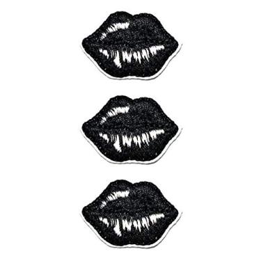 Imagem de Conjunto de 3 peças mini pequenos lábios pretos batom boca beijo sexy beijo beijo beijo bordado adesivo desenho animado criança bebê menina jaqueta camiseta patch costura ferro em placa bordado crachá