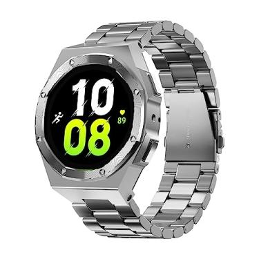 Imagem de DGYSG Capa de luxo com pulseira projetada para Samsung Galaxy Watch 5 de 44 mm 2022 / Watch 4 de 44 mm 2021, capa protetora de metal militar resistente com pulseira tática de aço inoxidável para homens, prata