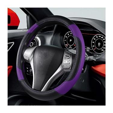 Imagem de BELOMI Capa de volante de carro de couro, universal 38 cm para carro caminhão SUV, antiderrapante e respirável, design de estilo esportivo protetor de volante inodoro, acessórios de interior automotivo (roxo)