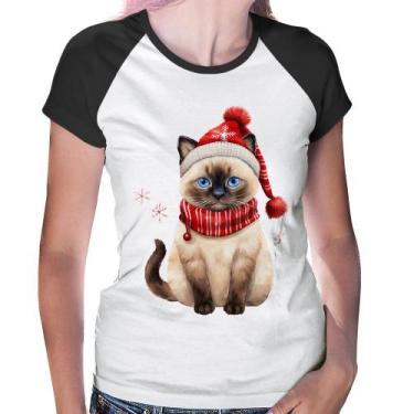 Imagem de Baby Look Raglan Gato Natalino Gorro e Cachecol - Foca na Moda, Branco