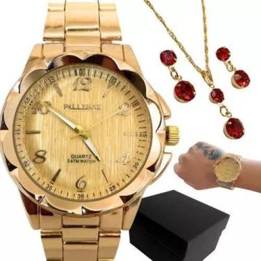 Imagem de Relógio Feminino Dourado Luxo + Conjuto Folheados + Brincos - EEA SEMI