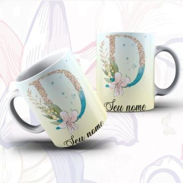Imagem de Caneca Porcelana Alfabeto Floral Glitter Personalizada Com Inicial E N