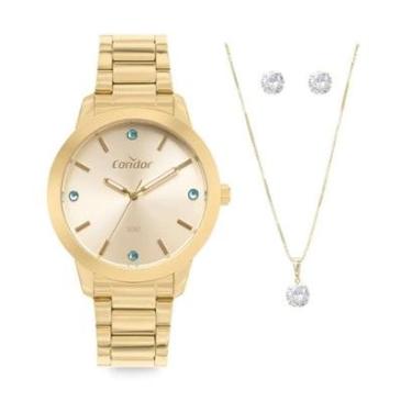 Imagem de Relógio Feminino Condor Dourado Kit Jóias Colar E Brincos-Feminino