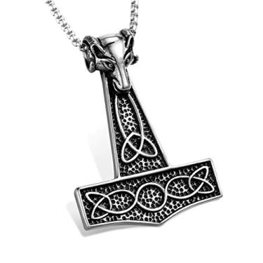 Imagem de Colar masculino com pingente de martelo Thors Mjolnir de aço inoxidável nó celta preto com corrente de 55 cm (preto prata)