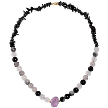 Imagem de Wizock Colar com contas de ametista crua/quartzo rutilado/lascas de turmalina preta espiritual com cristais de proteção tripla para mulheres, Medium, Pedra, Quartzo
