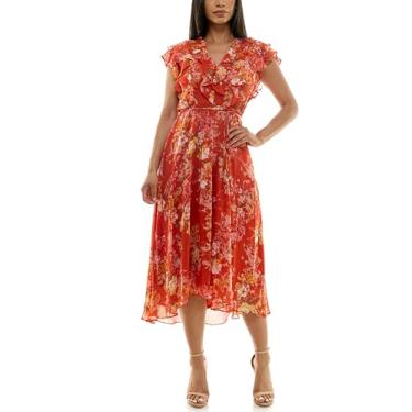 Imagem de Maison Tara Vestido midi feminino estampado floral com corpete e babados, Páprica/dourado, 50