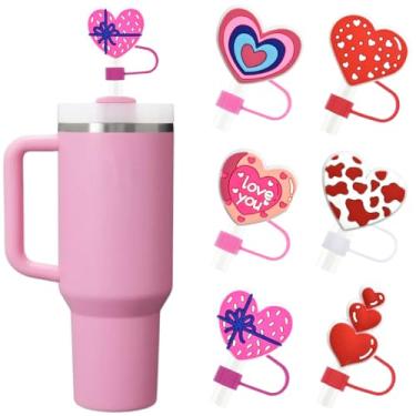 Imagem de 6 peças de cobertura de palha de Dia dos Namorados para copo Stanley de 40/850.5 g - yefiuo 10 mm 0,39 pol. Silicone em forma de coração rosa choque reutilizável tampa de palha tampa de garrafa