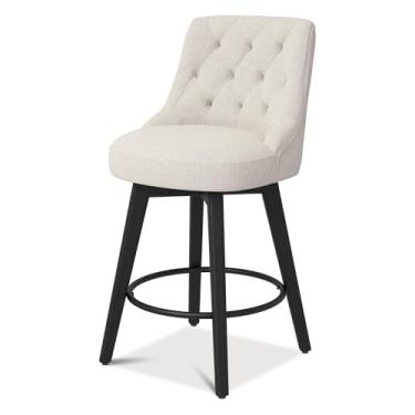 Imagem de AMICLIBER Bancos de bar giratórios com encosto, bancos de balcão, bancos de bar de 66 cm de altura, banquinhos de cozinha estofados com pernas de madeira maciça, branco marfim