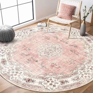 Imagem de MUJOO Tapete redondo rosa de 1,8 m, tapetes circulares laváveis para quarto, sala de estar, banheiro, boho, grande, antiderrapante, tapete circular, blush floral