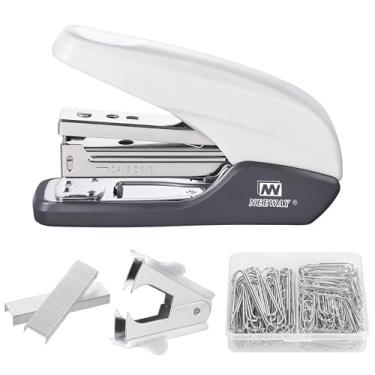 Imagem de NEEWAY Grampeador sem esforço, capacidade para 25 folhas, conjunto de material de escritório 4 em 1 com removedor de grampeadores, 100 clipes de papel e 1000 grampos para mesa, casa (branco)