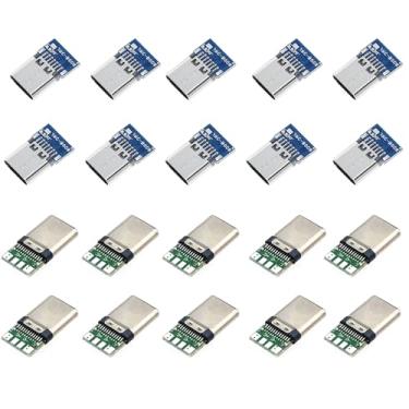 Imagem de Teansic 20 peças 24 pinos tipo C macho fêmea conector soquete com placa PCB, conectores USB 3.1 adaptador para fio de solda e cabo (10 peças macho + 10 peças conector fêmea)