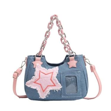 Imagem de OATSBAS Linda bolsa de ombro para mulheres Y2K Star Patchwork Denim Messenger Bag Bolsa para meninas adolescentes, Azul claro