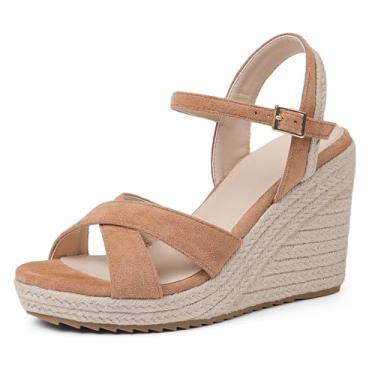 Imagem de mikarka Sandálias femininas de cunha confortáveis, salto alto com bico aberto, estilo anabela, elegante, tira no tornozelo, salto alto, alpargatas, Camurça marrom, 38