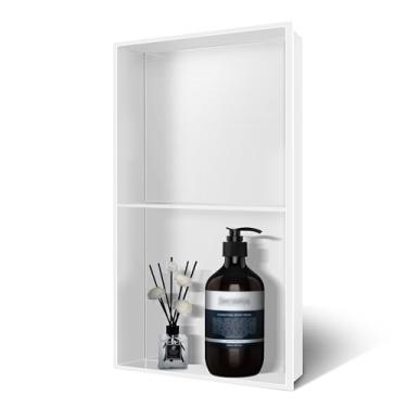 Imagem de BATHFINESSE Nicho de chuveiro branco 23 x 63,5 cm, prateleiras duplas de nicho de banho, inserção de nicho de chuveiro pronto para azulejos, sem necessidade de instalação de azulejos sobre montagem