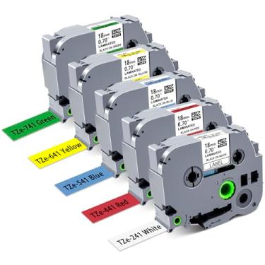 Imagem de Pacote com 5 refis PTD400 18 mm 0,7 Fita de etiquetadora colorida compatível com Brother P Touch 3/4 polegadas Fita de etiqueta TZe-241 441 541 641 741 para Ptouch D400 D600 1880, 26,2 pés (8 m)