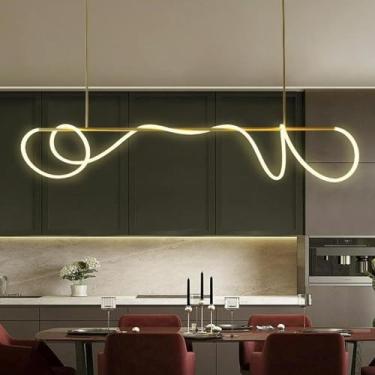 Imagem de Nórdico Tubo LED Luz Pendente Minimalista Ferro Faixa Longa Lustre Ajustável Lâmpadas Penduradas Decorativo Iluminação de Teto para Ilha de Cozinha Restaurante(150cm/59in,White Light)