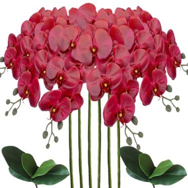 Imagem de Sumupa Phalaenopsis artificial, 6 peças, flores artificiais, orquídeas falsas, caule, plantas com 2 peças de folhas para decoração (vermelho)