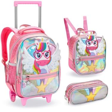 Imagem de Mochila Kit Infantil Rodinhas Gel Unicórnio Lancheira Estojo (Rosa)
