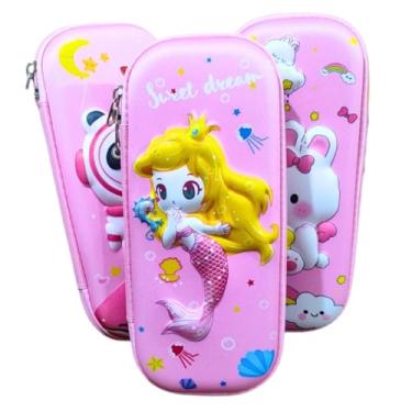 Imagem de Estojo Infantil Escolar 3D Volta As Aulas Escola Menina Rosa Panda Astronauta Coelho 36 Lápis Canetinha Giz Tesoura Cola Kit Escolar (Rosa Sereia)