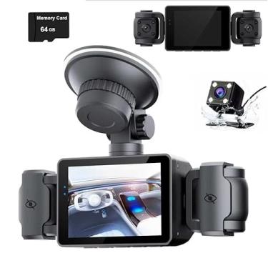 Imagem de Câmera de painel de 4 canais para carros, câmeras frontais internas e traseiras, lentes rotativas, visão noturna infravermelha, 4 câmeras 1080p + 480p x 3 gravadores de vídeo, proteção panorâmica de