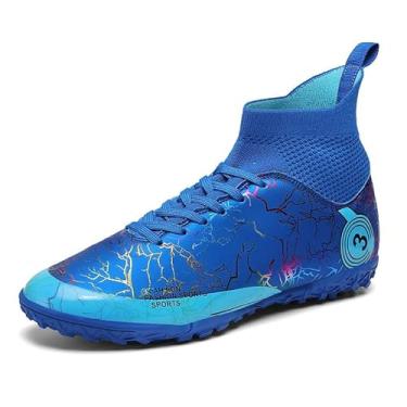 Imagem de DISRATEBLU Sapatos de futebol para crianças, meninos, meninas, tênis de treinamento de futebol juvenil, terreno firme, grama atlética, uso ao ar livre, tênis de futebol profissional, Azul - 1, 19