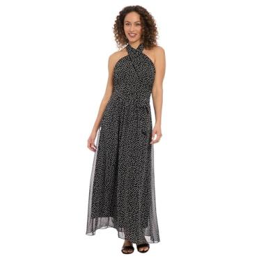 Imagem de London Times Vestido longo de festa formal evasê elegante com decote frente única, Preto/branco macio, 44