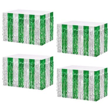 Imagem de MZJU Saias de mesa 4P onduladas metálicas com franjas para mesas retangulares, cortinas de guirlanda, para desfile, boias, casamentos, festas de aniversário, Halloween, Natal (verde prata)