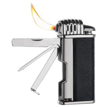 Imagem de Isqueiro multifuncional, isqueiro de chama suave angular, acendedores de butano recarregáveis ajustáveis com chama, ferramentas de limpeza 3 em 1 integradas, para velas, fogos de artifício, cozinha,
