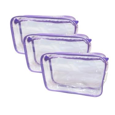 Imagem de Kit com 3 necessaire transparente e LÍLAS 23x15 - Gii Matos Makeup