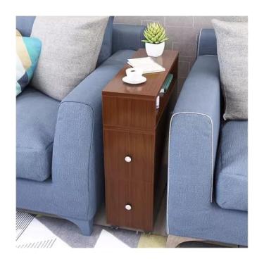 Imagem de Armário lateral de sofá Armário lateral de canto moderno simples para sala de estar com sofá de 2 gavetas, mesa móvel pequena e estreita com 4 rodas Armário de armazenamento(Teak color,60x20x65cm)
