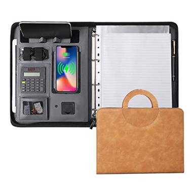 Imagem de Pasta de couro para notebook com zíper A4 com 8000 mAh pasta de negócios organizadora de portfólio de carregamento com calculadora (cor: rabisco de dinossauro branco 4) (E)