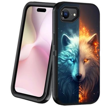 Imagem de BXIKEOPIU Capa projetada para iPhone 16e, 3 camadas resistentes à prova de choque à prova de poeira/queda, capa protetora robusta para iPhone 16e 6,1 polegadas 2025, lobo de gelo e lobo de fogo