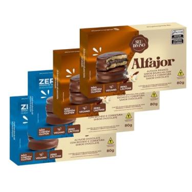 Imagem de Alfajor Chocolate Recheio de Chocolate Zero Açúcar e Alfajor Baunilha Recheio de Chocolate Seu Divino - 4 caixas de 80g