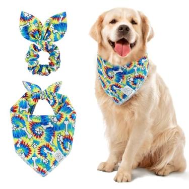 Imagem de E-Clover Conjunto de bandanas para cães arco-íris e scrunchie combinando para meninas, babadores de orgulho fofo, bandana para animais de estimação com gravata borboleta para cães médios e grandes
