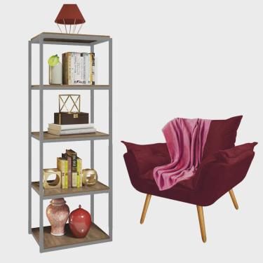 Imagem de Kit Poltrona Fatte com Manta Soft e Estante Livreiro Ferro Prata mdf Rústico Suede Bord...