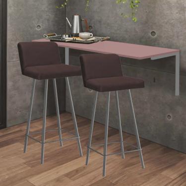 Imagem de Kit Mesa Suspensa de Parede Fixa mdf Rosa + 2 Banquetas Lexi Ferro Cinza Corino Marrom - Ahazzo Móveis