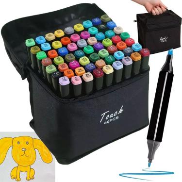 Imagem de Estojo Canetas Canetinhas 60 Cores Ponta Dupla Marcador Bolsa Pintura Desenho Escola Trabalho Curso Faculdade