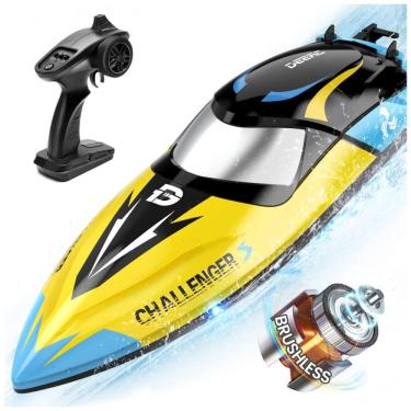 Imagem de Barco de Controle Remoto para Adultos com Velocidade Máxima de 48 km/h, Luzes LED e Função de Alarme, DEERC, Amarelo e Azul