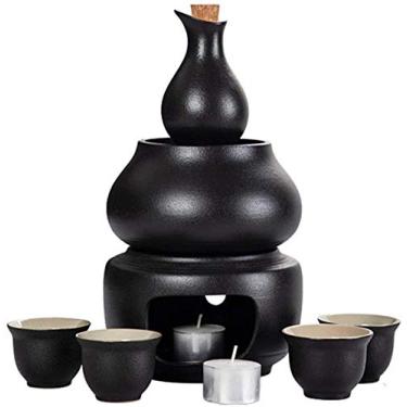 Imagem de JOEUQK Conjunto de saquê conjunto de saquê tradicional porcelana cerâmica quente saquê, 7 peças incluem 1 fogão, 1 tigela de aquecimento, 1 garrafa de saquê 4 xícaras