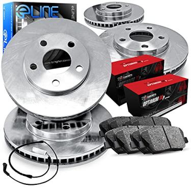 Imagem de R1 Concepts Rotores de freio traseiros dianteiros da série eLINE com pastilhas OEP e fio do sensor compatíveis com Porsche 944, 968 1989-1995